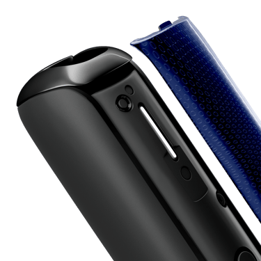Close-up of Navy Blue Augmented Pattern Ploom Aura front panel, detached from device.