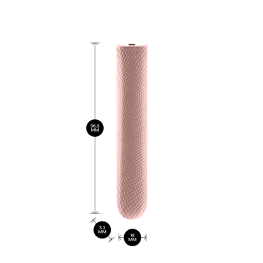 Ürün ölçüleriyle birlikte gösterilen Ploom AURA Rose Gold Özel Desenli Ön Panel: 9,65cm yükseklik x 3,30 cm genişlik x 1,80 cm derinlik
