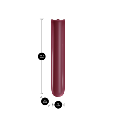 Ürün ölçüleriyle birlikte gösterilen Ploom AURA Dark Orchid ön panel: 9,65cm yükseklik x 3,30 cm genişlik x 1,80 cm derinlik
