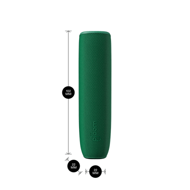 Ploom AURA device with an Amazon Green Back Cover shown with product dimensions: 10.2cm height x 2.2 cm width and 2.2 cm depth
