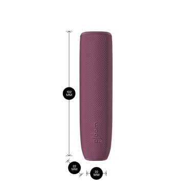 Ploom AURA device with an Dark Orchid Back Cover shown with product dimensions: 10.2cm height x 2.2 cm width and 2.2 cm depth
