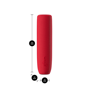 Ploom AURA device with a Lava Red Back Cover shown with product dimensions: 10.2cm height x 2.2 cm width and 2.2 cm depth
