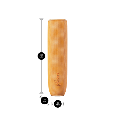 Ploom AURA device with a Mango Sorbet Back Cover shown with product dimensions: 10.2cm height x 2.2 cm width and 2.2 cm depth
