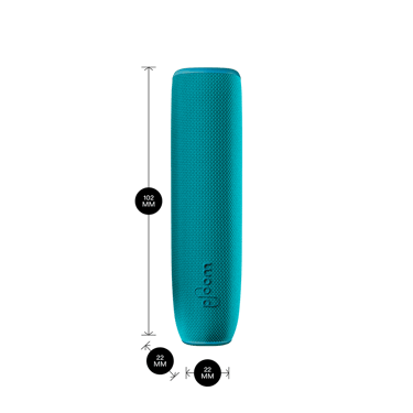 Ploom AURA device with an Ocean Blue Back Cover shown with product dimensions: 10.2cm height x 2.2 cm width and 2.2 cm depth