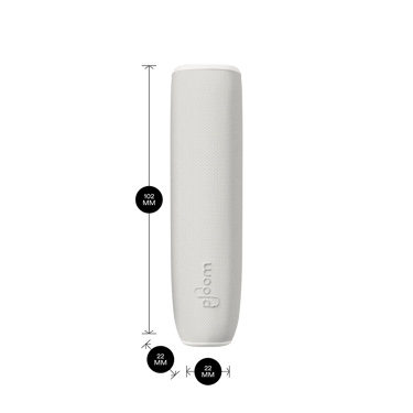 Ürün ölçüleriyle birlikte gösterilen Ploom AURA White Glacier Arka Kapak: 10,2cm yükseklik x 2,2 cm genişlik x 2,2 cm derinlik